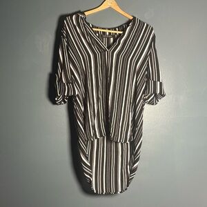 French Atmosphere Black & White Striped Shirt | Roll Tab Sleeves | Tunic